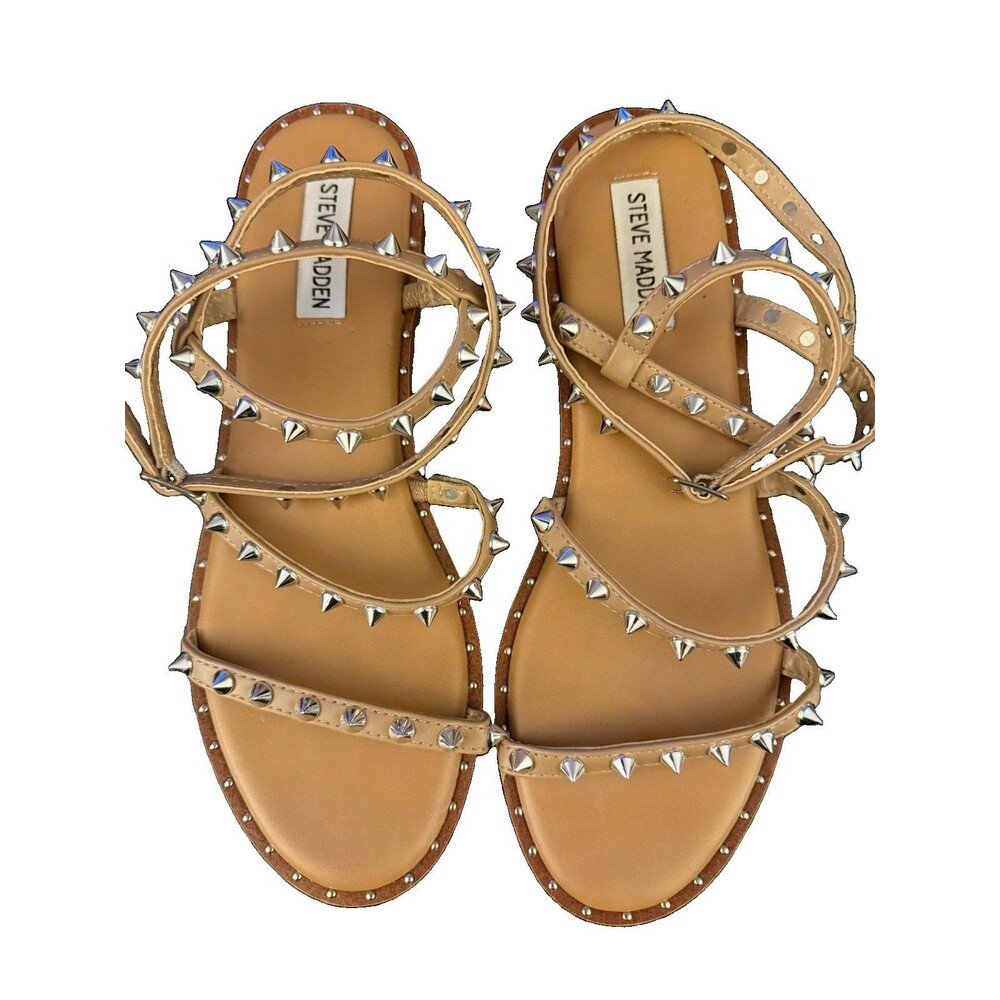 Steve Madden Transport Women Tan Leather Stud, Spike, Flat Strappy Sandals Sz 9